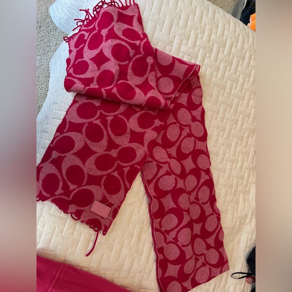 Coach Raspberry Pink Wool Scarf - signature print